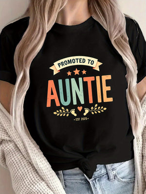 Women Tshirts Promoted To Colorful Text With Decorative Leaves And Stars Auntie, Red T Shirt Women, Womens Graphic Tshirts