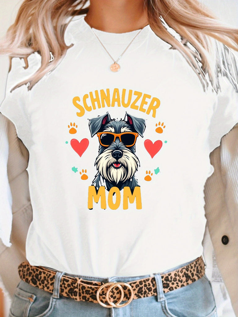 White Cotton Shirt Women Schnauzer Dog Wearing Sunglasses Surrounded By Colorful Hearts And Paw Prints Mom, Funny T Shirts For Women, Pink Shirt Womens