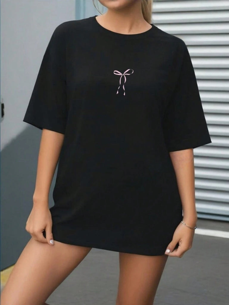 Women T Shirt Delicate Pink Ribbon Embroidered On Classic Black T Shirt, 100 Cotton T Shirts For Women, Womens T Shirts