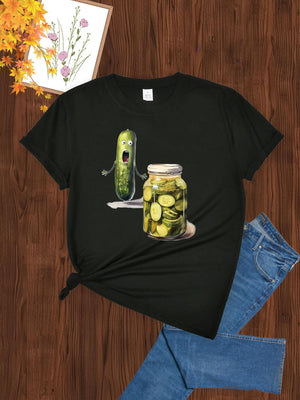 Pink Shirt Womens Whimsical Pickle Standing Beside Jar Filled With Sliced Cucumbers Tshirt, Funny T Shirts For Women, Womens Tees