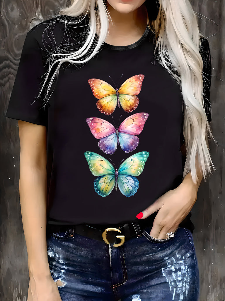 Black T Shirt Women Colorful Vibrant Butterflies Stacked Vertically On Black T Shirt, Womens Graphic Tshirts, Womens Tees