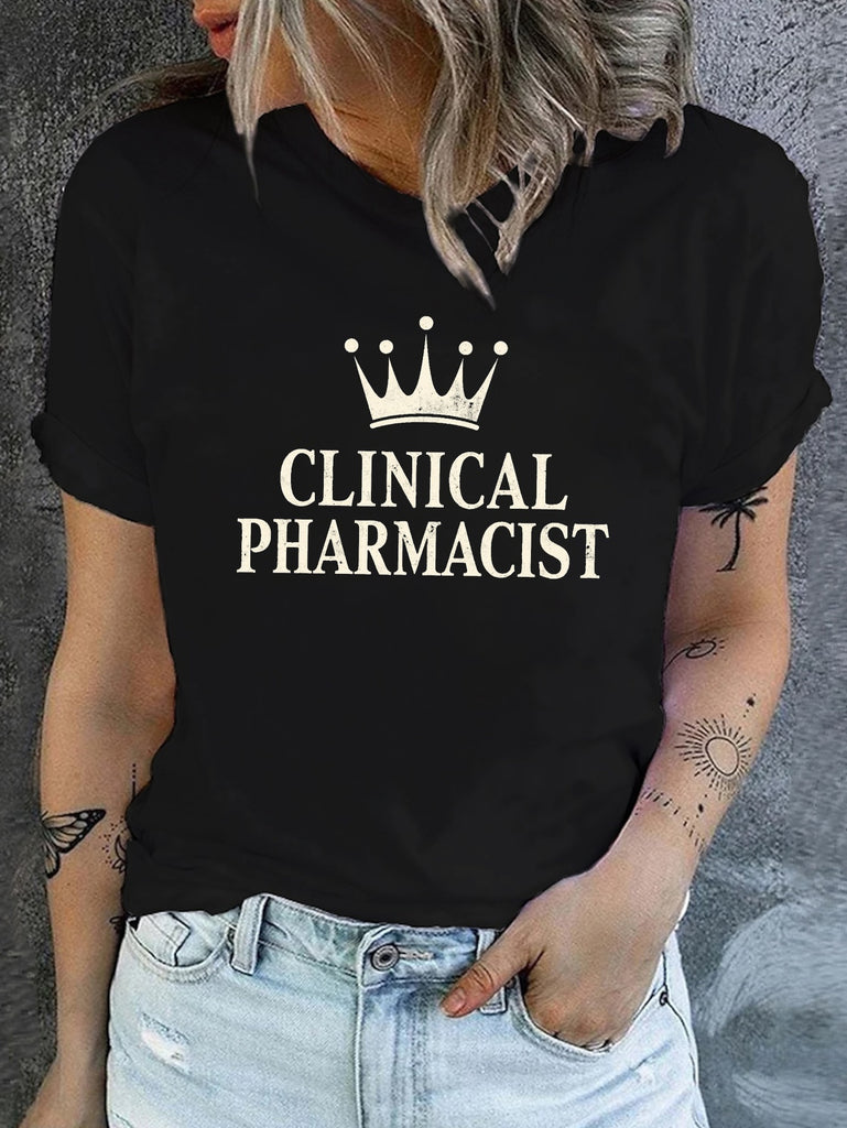 100 Cotton T Shirts For Women Clinical Pharmacist Elegant Crown With Regal Professional Title, Grey T Shirt Womens, Cute Graphic Tees For Women