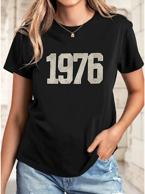 Womens Night Shirts 1976 Distressed White Numbers Printed On Classic Black Shirt, Black T Shirt Women, Womens Grinch Shirt