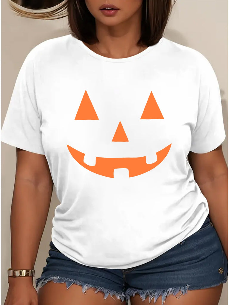 White Cotton Shirt Women Smiling Orange Pumpkin Face With Simple Geometric Shapes T Shirt, Grey T Shirt Womens, Cute T Shirts For Women