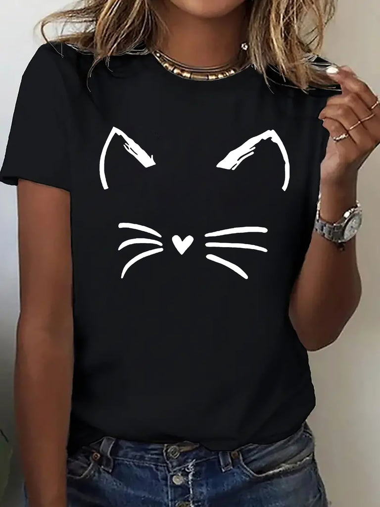 Womens Shirts Minimalist Cute White Cat Face With Heart Nose T Shirt, Green Shirt Womens, Womens Graphic Tshirts