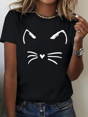 Womens Shirts Minimalist Cute White Cat Face With Heart Nose T Shirt, Green Shirt Womens, Womens Graphic Tshirts