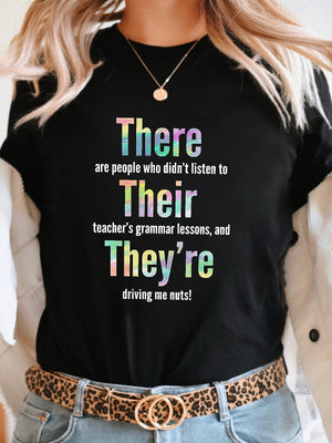 Pink Shirt Womens There Their Theyre Colorful Typography On Comfortable Black Tshirt, Cotton T Shirts For Women, Funny T Shirts For Women