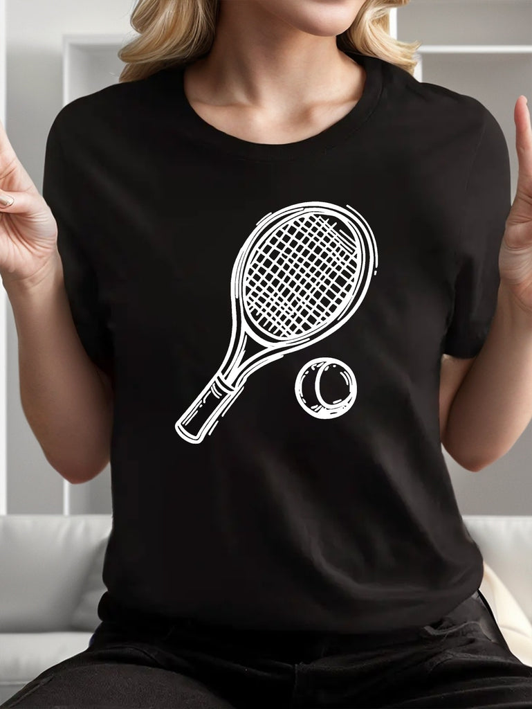 Womens Graphic T Shirts Black Simple Casual Cotton T Shirt Featuring A White Tennis Racket And Ball Illustration, Funny Shirts For Women, Shirt For Women
