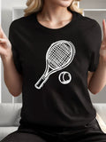 Womens Graphic T Shirts Black Simple Casual Cotton T Shirt Featuring A White Tennis Racket And Ball Illustration, Funny Shirts For Women, Shirt For Women