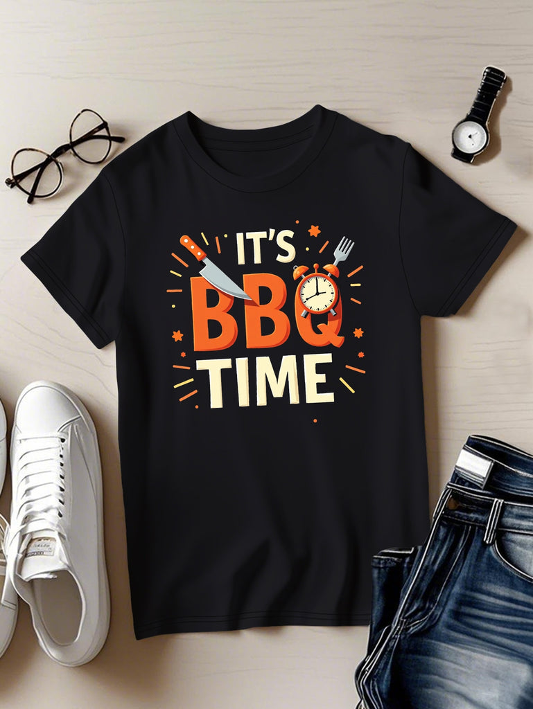 Vintage Shirts Women Its Bbq Time Illustrative Bold Lettering With Clock Graphic T Shirt, Womens Shirts, Womens Night Shirts