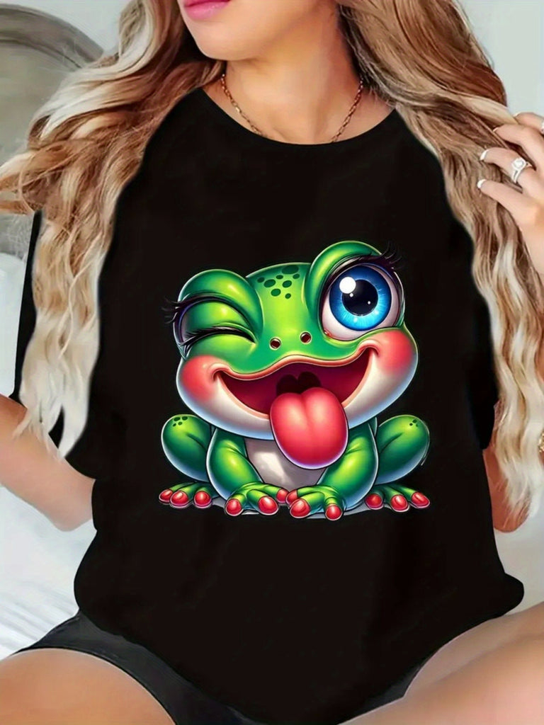 Black T Shirt Women Playful Green Cartoon Frog Tongue Out Sitting, Womens Graphic T Shirts, Womens Tees