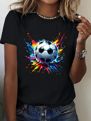Vintage T Shirts Women Colorful Paint Splashes With Floating Classic Soccer Ball, Graphic Shirts For Women, Cotton Shirts For Women