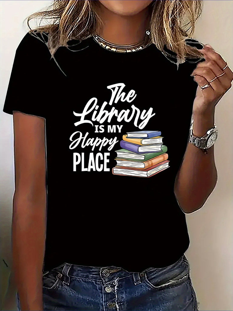 White Cotton Shirt Women The Library Happy Place With Stack Of Colorful Books T Shirt, Cute T Shirts For Women, Womens Tees