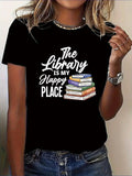 White Cotton Shirt Women The Library Happy Place With Stack Of Colorful Books T Shirt, Cute T Shirts For Women, Womens Tees