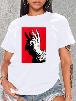 100 Cotton T Shirts For Women White Tshirt With Detailed Shadowy Hand Against Red Background, Shirt For Women, Womens Graphic Tees Vintage