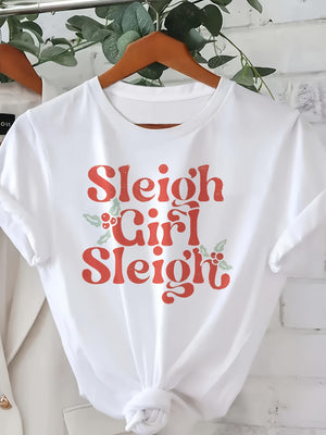 Women T Shirt Sleigh Girl Sleigh Festive Red Script With Holly And Berries Tee, Shirt For Women, Womens T Shirts