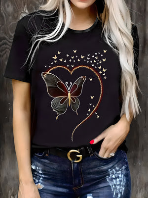 Country Shirts Womens Beautiful Elegant Butterfly With Wings Spread Among Tiny Flying Butterflies And Heart Design, Womens Tees, White Cotton Shirt Women