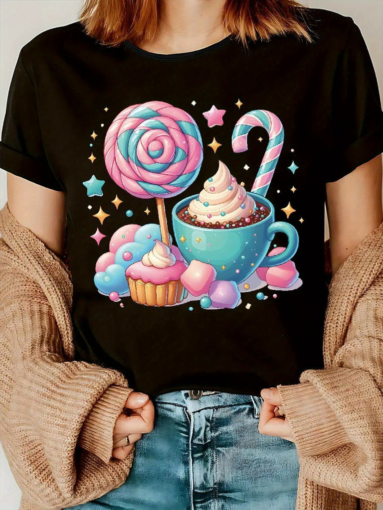 Womens Shirts Colorful Sweets With Candy Cane And Swirled Lollipop, Women's Short Sleeve T Shirts, Women Tshirts