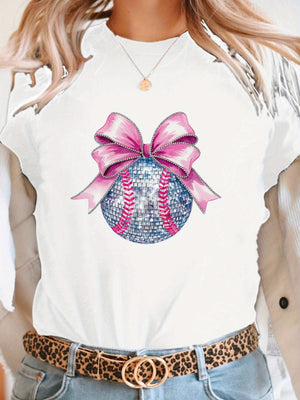 White Cotton Shirt Women Glittering Pink Bow Adorning Sparkling Baseball, Green Shirt Womens, Womens Graphic T Shirts
