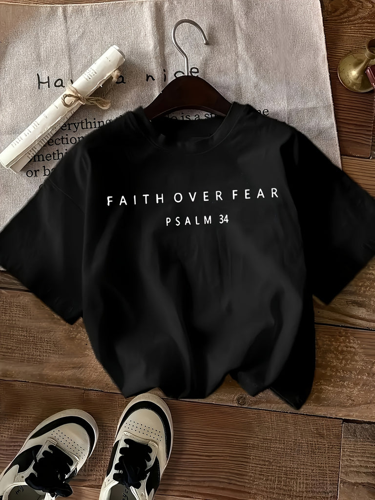 Women's Short Sleeve T Shirts Faith Over Fear Simple Bold Text Tshirt, Red T Shirt Women, Graphic Shirts For Women