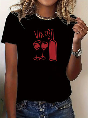 Vintage T Shirts Women Vino Red Minimalist Wine Bottle With Two Glasses T Shirt, Red T Shirt Women, 100 Cotton T Shirts For Women