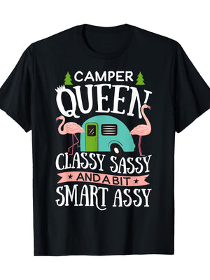 100 Cotton T Shirts For Women Camper Queen Classy Sassy And Bit Smart Assy With Pink Flamingo And Vintage Caravan Tshirt, Black T Shirt Women, Basic Tees Women