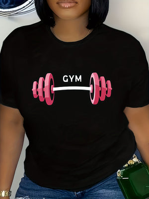 Vintage T Shirts Women Gym Barbell With Pink Weights On Black Shirt, Graphic Shirts For Women, Women's Short Sleeve T Shirts