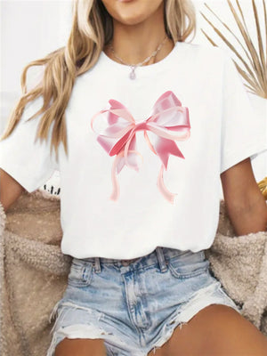 Vintage T Shirts Women Pink Satin Bow With Shiny Glossy Ribbons On White Tshirt, Womens Grinch Shirt, Funny T Shirts For Women