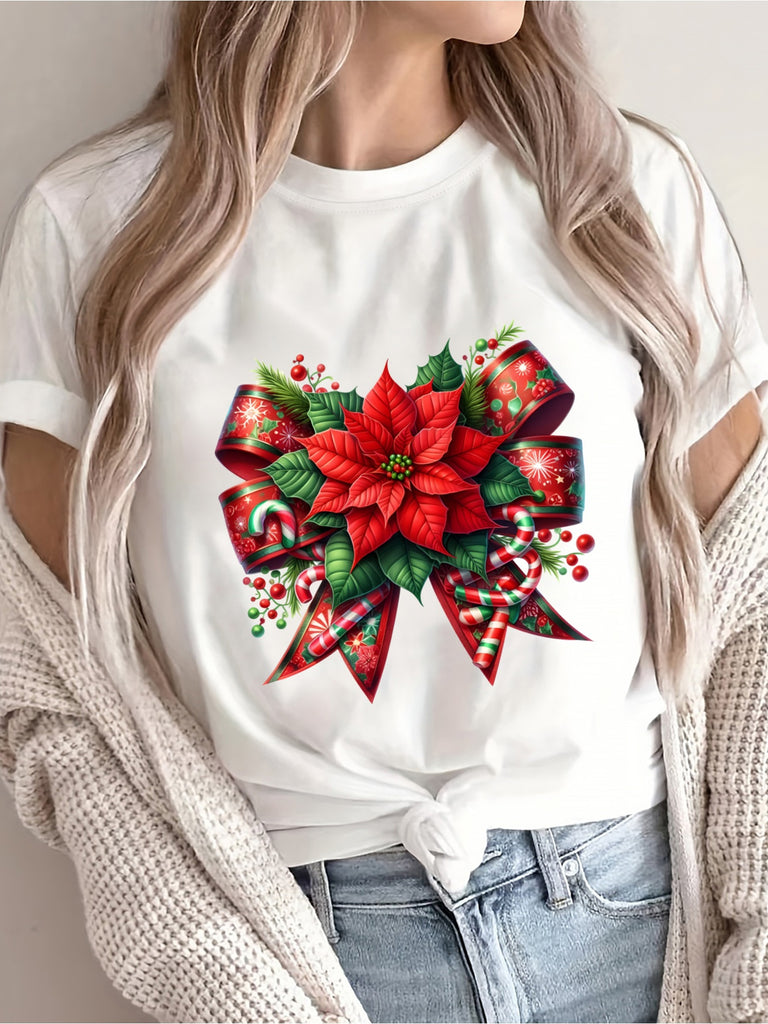 Womens Graphic Tshirts Festive Red Poinsettia With Plaid Ribbon And Holly Berries Flower, Green Shirt Womens, Womens Grinch Shirt