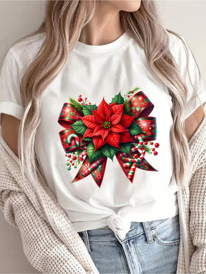 Womens Graphic Tshirts Festive Red Poinsettia With Plaid Ribbon And Holly Berries Flower, Green Shirt Womens, Womens Grinch Shirt