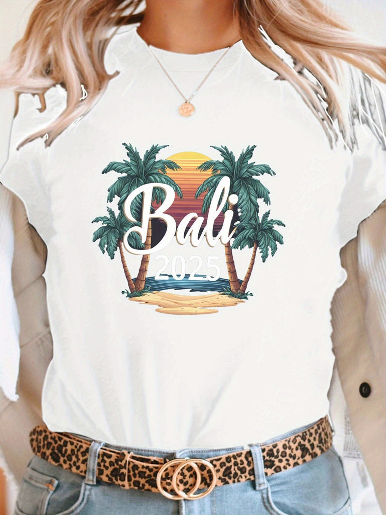 Vintage Shirts Women Bali Tropical Sunset Palm Trees And Calm Beach, Grey T Shirt Womens, Green Shirt Womens