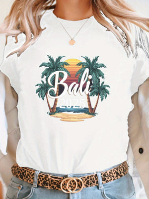 Vintage Shirts Women Bali Tropical Sunset Palm Trees And Calm Beach, Grey T Shirt Womens, Green Shirt Womens