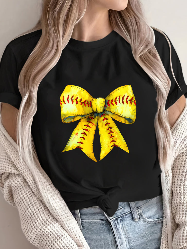 Women Tshirts Yellow Soft Fabric Bow With Baseball Stitching Shirt, Women's Short Sleeve T Shirts, Red T Shirt Women