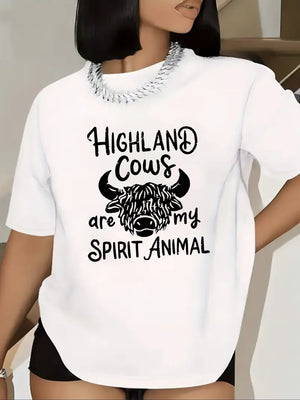 Womens Shirts Highland Cow Illustration With Bold Typography White Tshirt, Womens White Tee, Pink Shirt Womens