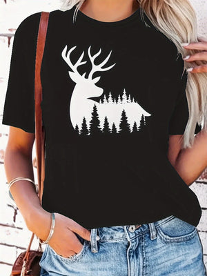 Vintage T Shirts Women Deer Silhouette With Pine Trees Among Misty Forest Black T Shirt, Women T Shirt, Cute Graphic Tees For Women