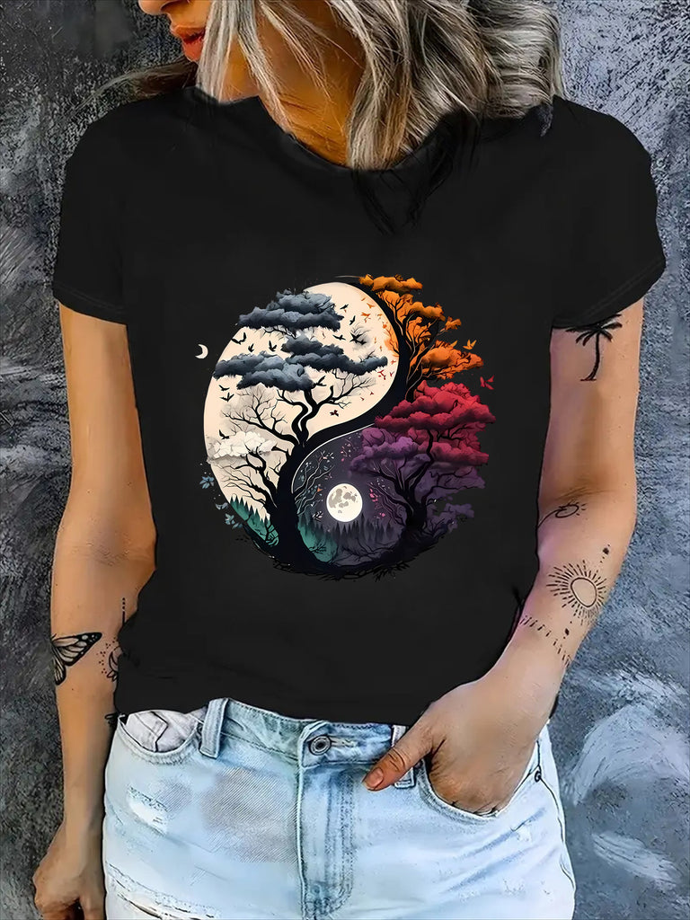 Women Tshirts Contrasting Night And Day Landscape With Colorful Trees And Moon Circle, Funny Shirts For Women, Womens T Shirts