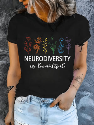 Women Tshirts Neurodiversity Is Beautiful Colorful Rainbow Flowers With Green Stem Tshirt, Womens Graphic Tshirts, Graphic Shirts For Women