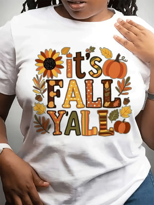 Red T Shirt Women Its Fall Yall Autumn Harvest Pumpkins And Leaves Shirt, Graphic Tees Women, Funny T Shirts For Women