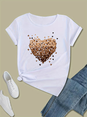 Shirt For Women Brown Gradient Artistic Heart Shape Composed Of Small Triangles White T Shirt, Vintage Shirts Women, Cotton Shirts For Women