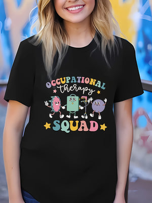 Red T Shirt Women Occupational Therapy Cheerful Cartoon Characters With Bright Stars Tshirt, Womens Graphic Tshirts, Country Shirts Womens