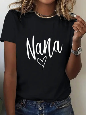 Womens Graphic Tshirts Nana Heart Casual Comfortable Soft Cotton Black T Shirt, Funny T Shirts For Women, Basic Tees Women
