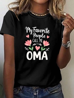 White Cotton Shirt Women My Favorite People Call Me Oma Handwritten White And Pink Lettering With Heart And Plant Decoration T Shirt, Womens Night Shirts, Graphic Shirts For Women