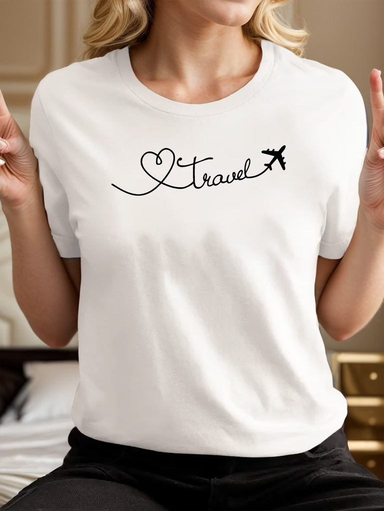 Vintage T Shirts Women Travel With Heart Shape Connected To Airplane Tshirt, Womens T Shirts, Womens Night Shirts