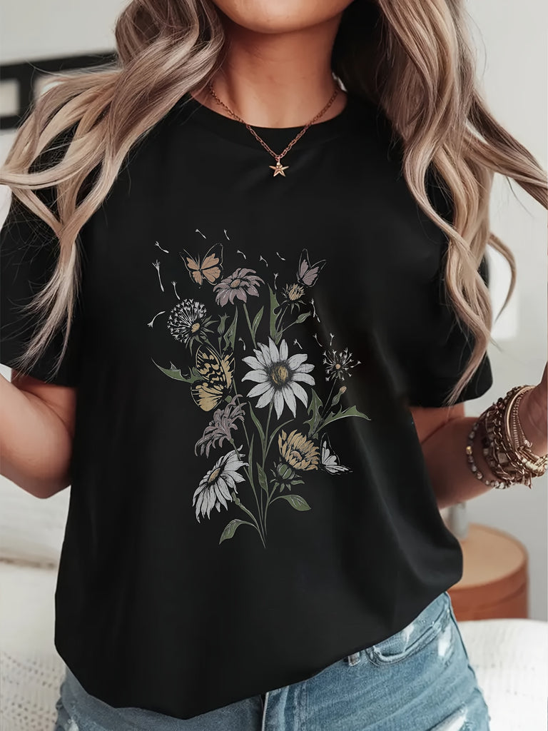Women Tshirts Delicate Floral Arrangement With Blooming Daisies And Garden Plants T Shirt, Womens Tees, Women's Short Sleeve T Shirts