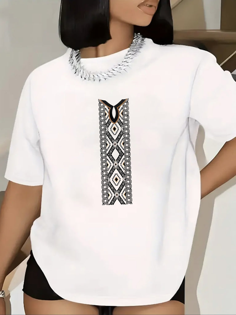 100 Cotton T Shirts For Women Stylish Woman Wearing White Cotton Tshirt With Geometric Black And White Vertical Pattern, Funny T Shirts For Women, Shirt For Women