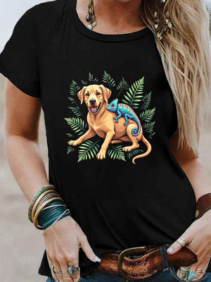 Shirt For Women Golden Brown Dog With Blue Tribal Patterns Among Green Tropical Leaves, Vintage Shirts Women, Cotton Shirts For Women