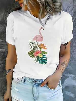White Cotton Shirt Women Pink Flamingo Standing Among Tropical Leaves And Colorful Flowers Tshirt, Country Shirts Womens, Graphic Tees Women