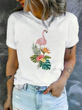 White Cotton Shirt Women Pink Flamingo Standing Among Tropical Leaves And Colorful Flowers Tshirt, Country Shirts Womens, Graphic Tees Women