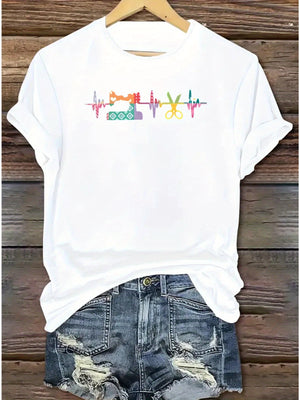 Womens Graphic T Shirts Colorful Vector Art With Heartbeat And Symbols T Shirt, Vintage T Shirts Women, Cute T Shirts For Women