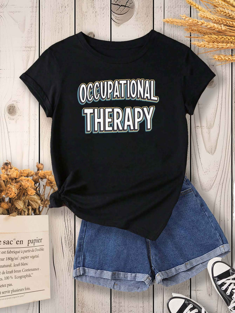 Women's Short Sleeve T Shirts Occupational Therapy Text Black Casual Cotton T Shirt, Womens Graphic T Shirts, Cotton T Shirts For Women